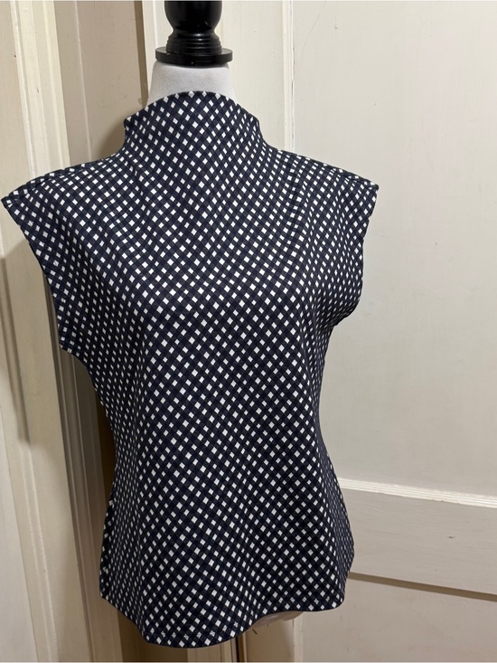 Ann Taylor Tops - Ann Taylor Navy and White Sleeveless High-Neck Check Blouse